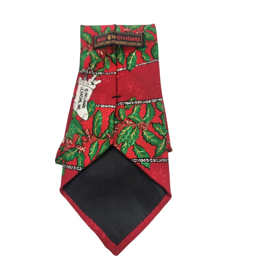 Vintage Hallmark Yule Tie Greetings Christmas Holly Candy Cane Red Silk Tie USA
